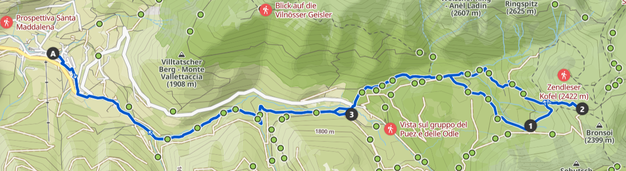Partenza da Santa Maddalena (A) verso il Rifugio Gampenalm (1) per il primo pernottamento. Il secondo giorno ha come destinazione il Rifugio Genova (2) prima di rientrare a Santa Maddalena (A) il terzo giorno passando (facoltativa) per Malga Zannes (3).