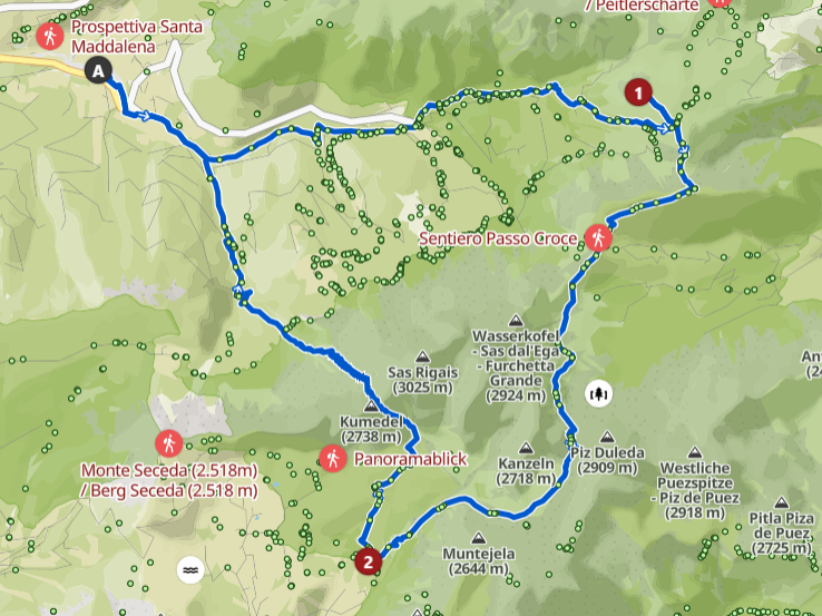Partendo da Malga Zannes (A) seguire il sentiro che porta alla cima Col di Poma (1). Pernottamento in tenda o in alternativa al Rifugio Firenze (2) per poi scendere il giorno seguento per tornare a Santa Maddalena (A).